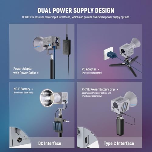Image of NEEWER HS60C Pro 60W Portable RGB LED Video Light, APP DMX /Panel Control /Custom Effects /Light Group 8700Lx /1m 2700-6500K CRI97+ COB Continuous Output Lighting for Video Recording Studio Photography