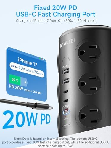 Tower Power Strip with Wireless Charging & Night Light - PD20W Fast Charging Station,12 Outlets, 5 USB (3 USB-C),1800J Protection, 10FT Extension Cord, Home Office Essentials(Black) - 1