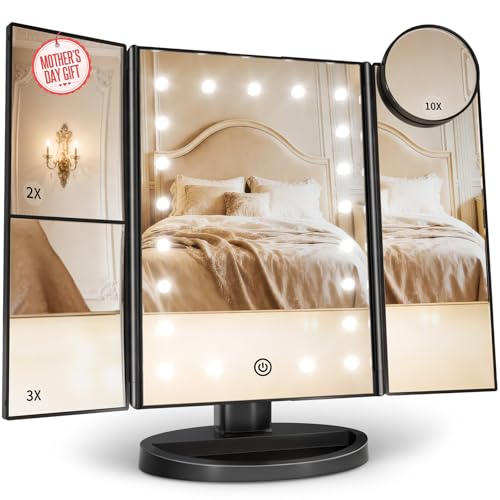 HUONUL Makeup Mirror, Vanity Mirror with Lights, 2X/3X/10X Magnification, Touch Control, Trifold, Dual Power Supply, Mothers Day for Mom Gifts,Gifts for Women, Wife, Mom, Girls,Dorm Room Essentials