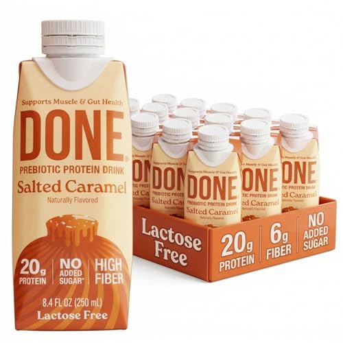 Image of Done Prebiotic Protein Drink, 20G Whey Protein, High Fiber Protein Shake With Prebiotics, Gluten Free, Lactose Free, No Added Sugar, Natural Flavor, Non GMO (Salted Caramel (15 Pack))