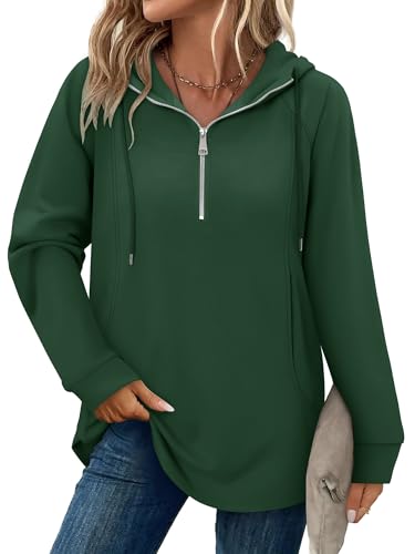 onlypuff Women Hoodie Pullover Trendy Quarter Zipper Lapel Sweatshirts Drawstring Cute Hooded Tunic Tops with Side Pockets