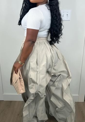 Women's Cargo Loose Pants Casual Baggy Elastic High Waisted Ruffle Barrel Patchwork Pants with Drawstring4