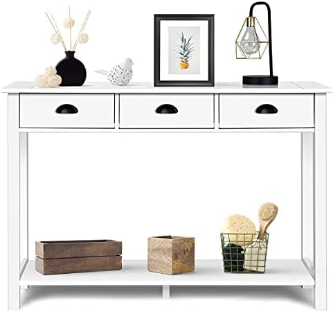 Multigot Console Table, Wooden Narrow Hallway Table with 3 Drawers and 2-Tier Shelves, Slim White Sofa Table for Entryway, Living Room and Bedroom