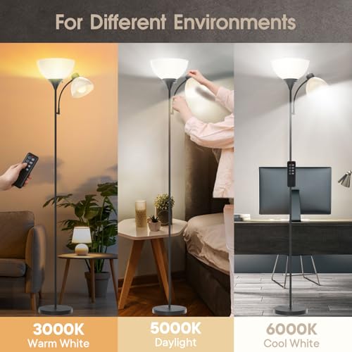 GERGO Led Floor Lamp, Super Bright 11W+7W 2100LM Torchiere Floor Lamps for Living Room, Stepless Adjustable 4 Color Temperatures 3000K-6000K with Remote Control for Bedroom (Matte Black) - Image 3