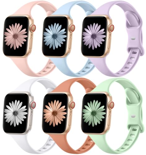 Image of Lerobo 6 Pack Silicone Slim Bands Compatible for Apple Watch Band for Women 40mm 42mm 41mm 38mm, Brethable Sport Slim Strap Thin Replacement Wristband for iWatch Series 11 /10 /9 /8 /7 /6 /5 /4 /SE /3 /2 /1