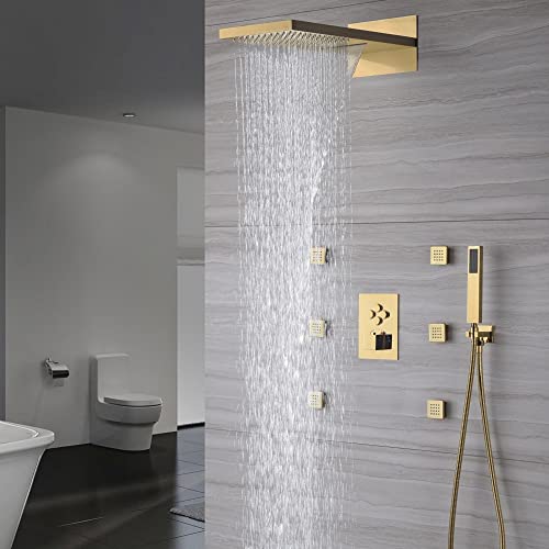 Cascada 9"x22” Rectangular Sistema de Ducha con Control Monocomando y 4 Botones, 4 Funciones (Lluvia, Cascada, Chorros corporales y Ducha de mano) en Dorado Brillante miniatura 2