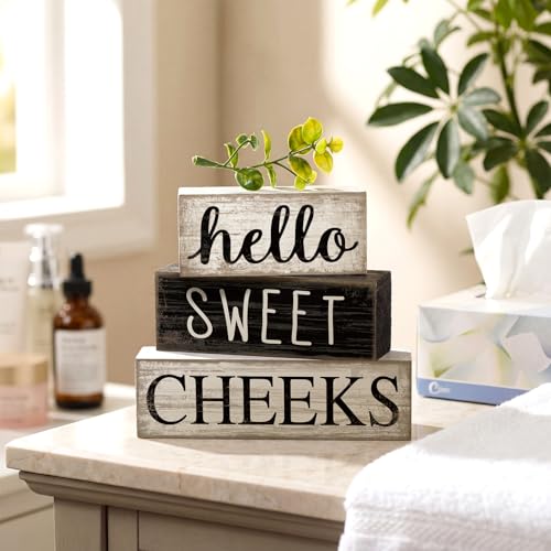 Image of Moucuny 4 Pcs Bathroom Shelf Decor Hello Sweet Cheeks Sign Farmhouse Bathroom Decor and Accessories Rustic Eucalyptus Leaves Wood Block Sign Gift Sweet Home Table Centerpiece for Home Office