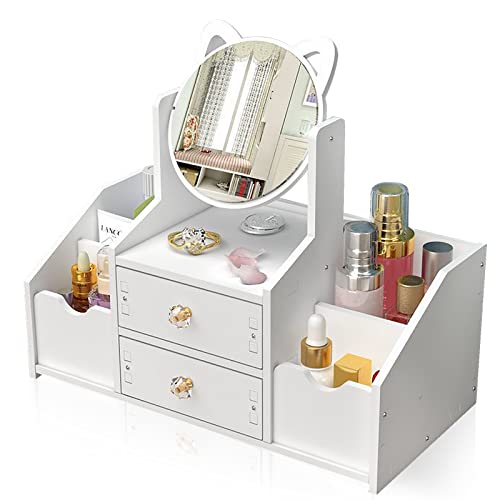Boite rangement maquillage LEcylankEr avec miroir rond rotatif et compartiments malins