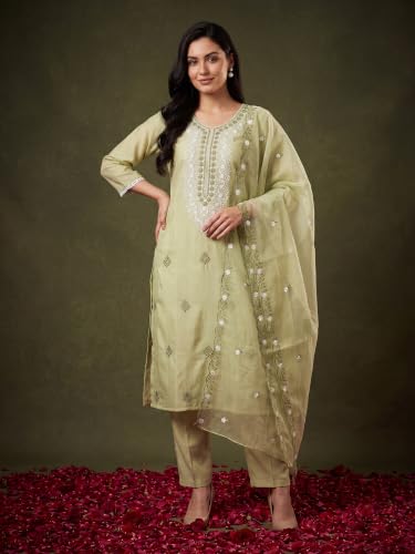 Image of INDO ERA Women's Silk Blend Embroidered Thread Work Kurta & Pant with Dupatta Set | Suit Set For Women