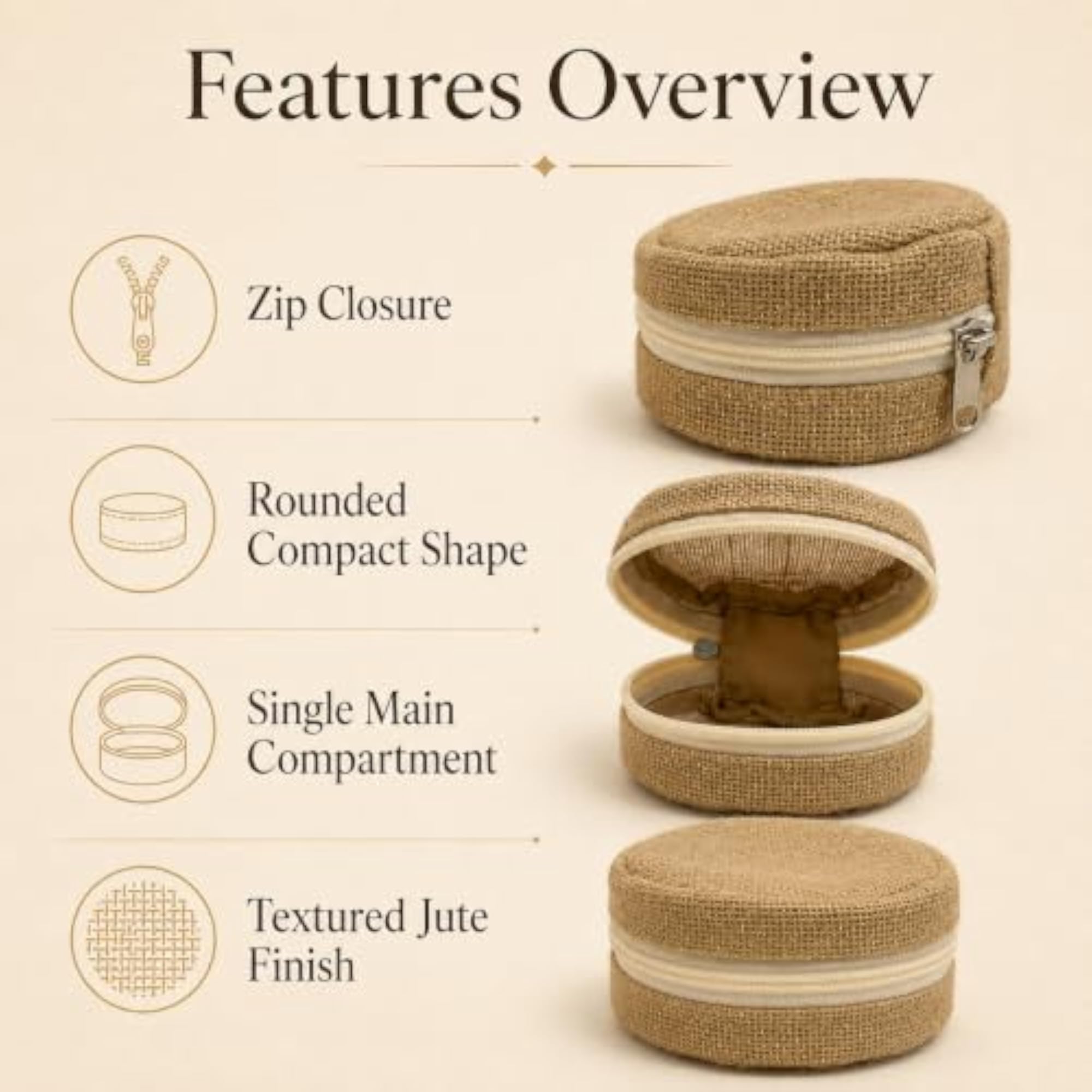 Natural Jute Round Utility Pouch with Zip Closure