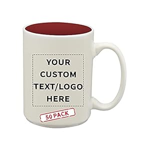 DISCOUNT PROMOS 50 Glossy Two-Tone Ceramic Mugs Set, 15 oz. – Customizable Text, Logo – Stoneware, Smooth, Durable, C-handle – Maroon