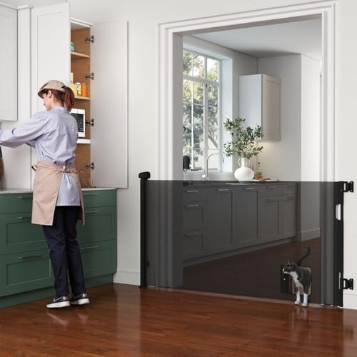 0-180cm Baby Absperrgitter, Treppenschutzgitter Ausziehbare mit Katzenklappe, Türschutzgitter, Einziehbares Babygitter, Schutzgitter Treppe für Babys und Haustiere (Schwarz)