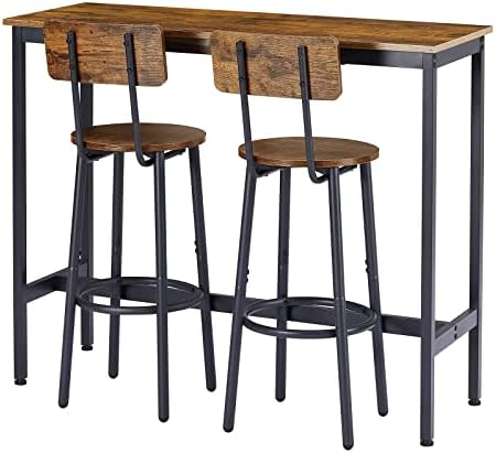 RIGO Bar Table Set with 2 Bar stools, Industrial Style Bar Stools with Backrest, Kitchen Table Set of 2 Ideal for Kitchen, Living Room,Bar,Balcony, Rustic Brown