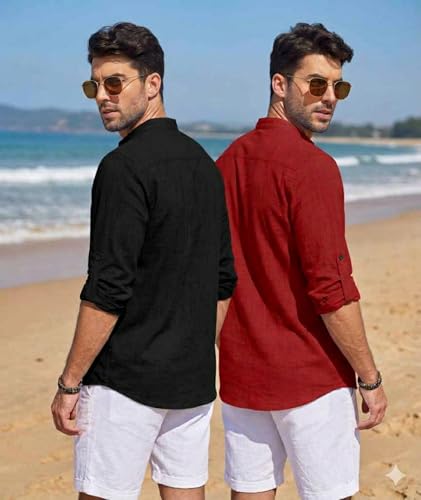 Image of Men's Cotton Blend Straight Kurta Shirt Combo with Mandarin Collar - Slim Fit Casual Short Kurti Set Featuring Textured Slub Fabric and Roll-Up Full Sleeves
