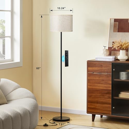 Image of Ambimall 60'' Modern Floor Lamp with Remote, Tall Lamps for Living Room, Bedroom, Office, Dining Room, Beige Shade with Black Pole(Included Bulb)