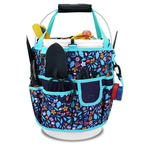 KUNN Bucket Tool Organizer 5 Gallon with Hangable Handle 18-Pocket Detachable Bucket Bag for Tools, Garden Caddy Tote with Pockets, Heavy Duty 600D Polyester Gardening Accessory,Blue