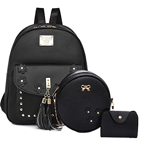 Alice Girls 3-PCS Fashion Cute Mini Leather Backpack sling & pouch set for Women/ (b blk)