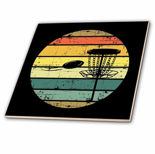 6 Inch Glass Tile - Black disc Golf Basket with disc Over Retro Striped Circle on Black. Stamp City - Typography - disc Golf