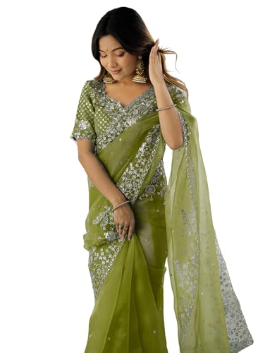 Image of SIRIL Women's Organza Sequence Embroidery Saree With Unstitched Blouse Piece