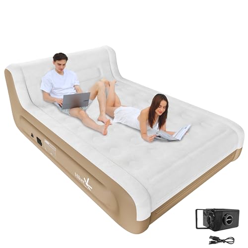 Image of HikerSKY Queen Air Mattress with Headboard, Built-in Rechargeable Pump, 18 Inch Inflatable Mattress for Family Guest Travel Camping, Fabric and Dutch Velvet Blow up Air Bed, 18'' Queen Khaki