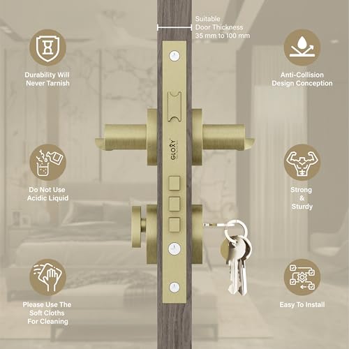 Image of GLOXY Mortise Door Locks for Main Door Lock for Main & Internal Door in Residential & Commercial with 3 Brass Key for Kitchen, Balcony |Antique Finish (2 Years Warranty, Pack of 1)