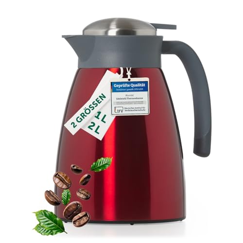Blumtal Thermoskanne 1l - BPA-freie Teekanne mit Quick Tip Verschluss - auslaufsichere Kaffeekanne thermo für langanhaltende Isolation - Thermoskanne Tee - Kaffeekannen/Tee Thermoskanne Edelstahl Rot