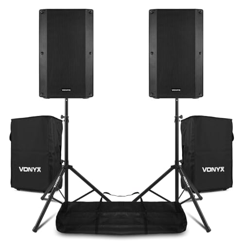 VONYX VSA12BT 12 1600W Active PA Speaker System with Bluetooth, Speaker Stands & Protective Covers - Complete DJ Sound Setup for Parties & Events