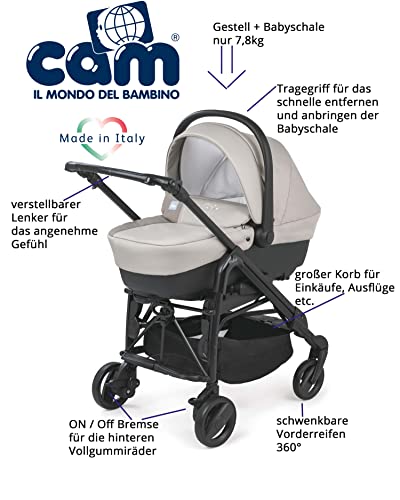 CAM 3 in 1 Kombi-Kinderwagen COMBI TRIS | inkl. Babyschale, Babywanne, Sportwagen, Körbchen und Tasche | Der Allrounder made in Italy: praktisch, komfortabel und sicher (ricamo orso beige)