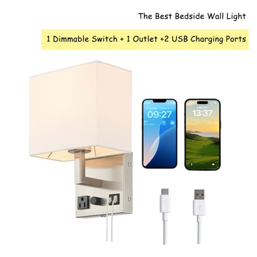 Image of HomeFocus Bedside Wall Light,Wall Lamp,Wall Sconces for Bedside,Nickel. | Dimmable Wall Light with Dual USB Charging Ports,Reading Wall Lamp for Bedside.