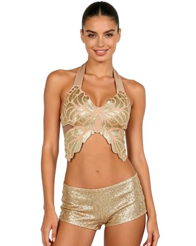 JUMISEE Women's Gold Glitter Butterfly Crop Top Sexy Lace Up Backless Cami Tank Top for Rave Festival Clubwear