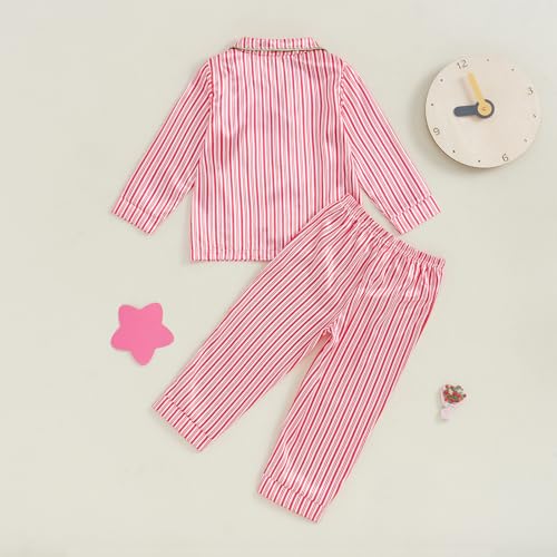 MAINESAKA Toddler Boy Girl Christmas Pajama Set Striped Long Sleeve Button Down Shirt Pants Silk Satin Pjs Kid Xmas Sleepwear3