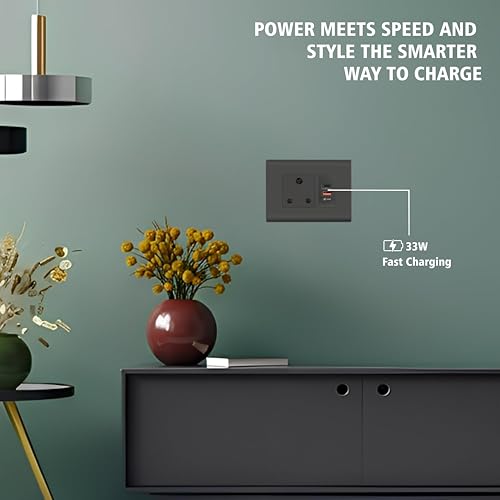 Image of MX 35W Modular USB Charger Socket with Dual Ports USB-C & USB-A, Fast Charging Wall Module for Switch Board, 90-270V AC Input, 22.5 x 45 mm Modular Plate, Power Socket for Home & Office, Charcoal Grey