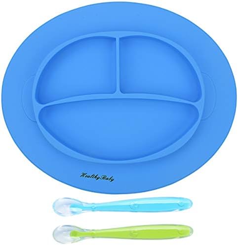 Silicone Baby Placemat, Improved Non-Slip Baby Plates, Suction Self Feeding Set Fit Most Highchair(Blue)