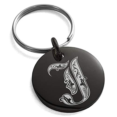 Stainless Steel Letter J Initial Royal Monogram Small Medallion Circle Charm Keychain Keyring