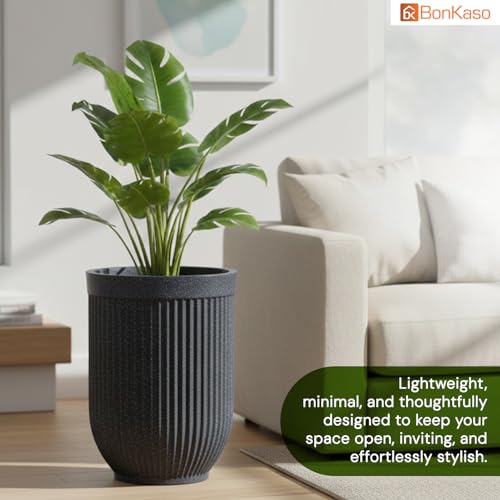 Image of Bonkaso 24 Inch Burj Khalifa Ribbed Planter for Indoor & Outdoor Use | Round Heavy Duty Polymer Flower Pot | Lightweight Weather Resistant Modern Gamla for Living Room Balcony & Terrace (Dark Grey)