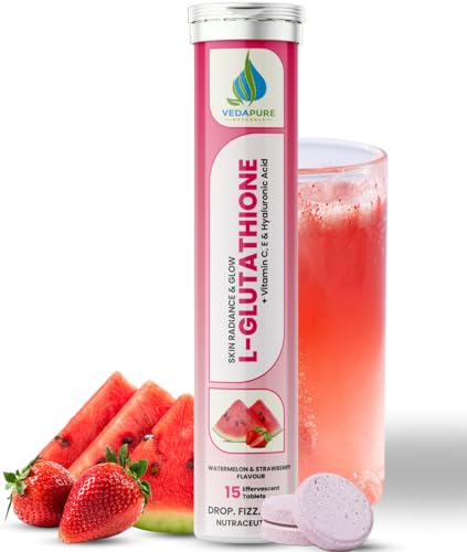 Image of Vedapure L Glutathione Effervescent Tablets with Vitamin C & E | Skin Brightening, Hydration & Collagen Boost | For Men & Women | 15 Watermelon & Strawberry Tablets (Pack of 1)
