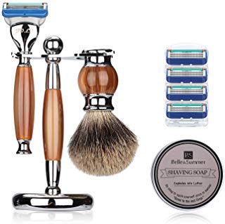 JOLI Shaving Gift Kit - Badger Hair Shaving Brush,Silvertip,Fusion 5 Safety Razor, Wood Grain Resin Stainless Stand+ 4 Replacement 5 Anti-Friction Blades+Nature Shaving Soap