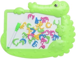 سبورة رسم وكتابة مغناطيسية بلاستيكية قابل للمسح بتصميم ديناصور مع حروف أبجدية عربية ملونة تهدف إلى تحسين مهارات اللغة الإنجليزية والإبداع للأطفال، 20 × 25 سم - أخضر