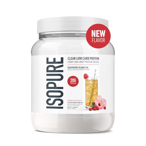 Image of Isopure Clear Whey Isolate Protein Powder, Lactose Free, Gluten Free, Naturally Flavored, Raspberry Island Tea, 20g Protein Per Serving, 14.1 Oz, 16 Servings