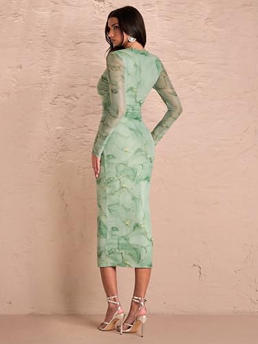 Image of Women's Sexy Round Neck Lounge Long Dress Elegant Long Sleeve Ribbed Bodycon Knee Length Dresses