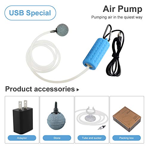 Mylivell Portable Ultra Silent Aquarium Air Pump Mini USB Oxygen Air Pump Hydroponic Oxygen Mute Energy Saving Supplies for Fish Tank with Air Stone &Tube -Blue - Thumbnail 5