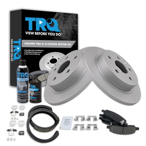 Image of TRQ Rear Brake Pad & Rotor Kit, with Chemical Kit Parking Brake Shoe Set Ceramic Premium G-Coated Compatible with 2006-2010 Cadillac DTS