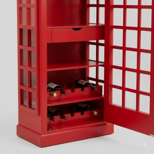 Image of Giles Vintage Telephone Booth Bar Cabinet - Solid Mango Wooden Wine Storage Cabinet with Glass Holder & Bottle Rack, Freestanding Liquor Bar Unit for Living Room, Home Decor (Red Finish)