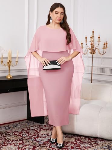 ZOMVA Plus Size Elegant Chiffon Cape Dress Crew Neck Wedding Guest Bodycon Cocktail Pencil Maxi Dresses, Without Brooch2