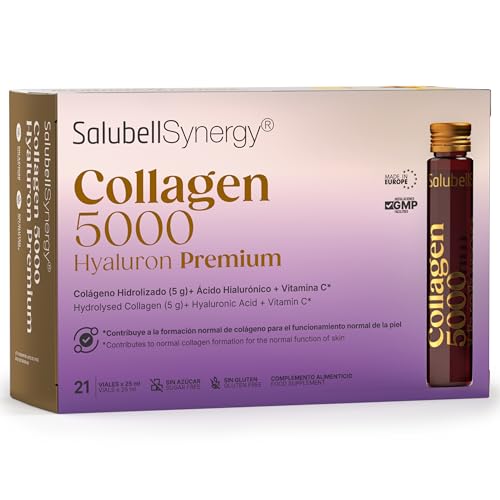 Salubell Synergy® Collagen 5000 PREMIUM, bebible 21 viales x 25ml, nutricosmética, fórmula ultra-concentrada, bienestar de la piel y articulaciones, 5000 mg de Colágeno Hidrolizado, Ácido Hialurónico