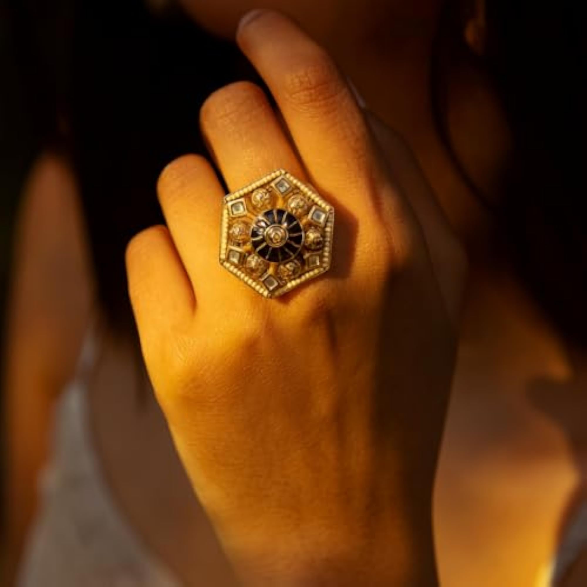 Gold-Plated Hexagon Green & Ruby Statement Ring, Elegant Design
