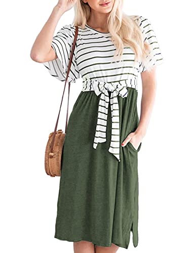 Merokeety Women's Summer Striped Ruffle Sleeves Tie Waist Crew Neck Casual Swing Midi Dress Green #TOP3