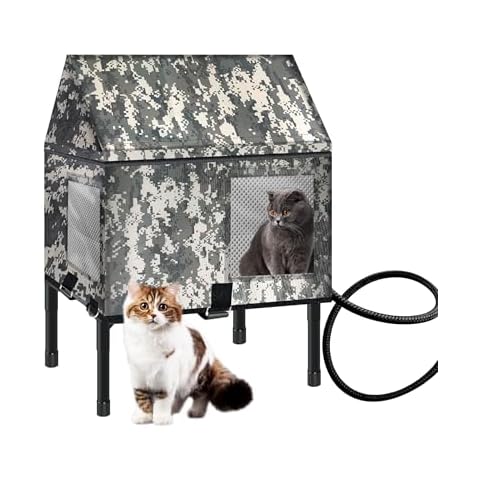 Heated Cat House for Outside in Winter, 100% Waterproof, 16.5in x 12.8in x 18.7in Elevated Weatherproof Cat House with Heated Pad, Safe Escape Door, Insulated Cat House for Ferals Strays Barn Cover