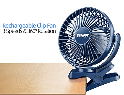Vanprt Portable Clip On Fan, 5000Mah Rechargeable Desk Fan, 3 Speeds & 360° Rotation, About 7-30 Hours Woring Time Portable Battery Clip Fan, Quiet And Powerful - Blue #TOP1