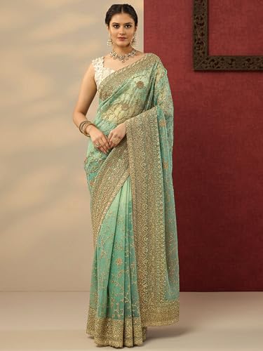 Image of Libas Embroidered Nylon Saree for Women With Unstitched Blouse Piece | Traditional Saree for Festive & Wedding